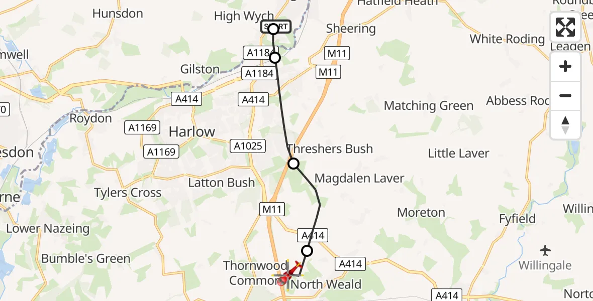 Routekaart van de vlucht: Air Ambulance Helicopter to North Weald Airfield, North Weald Airfield