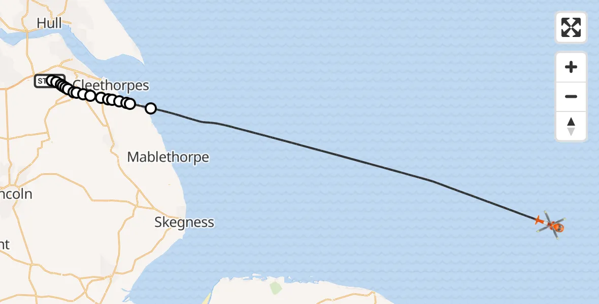 Flight route map: Coastguard Helicopter to North Sea, North Sea