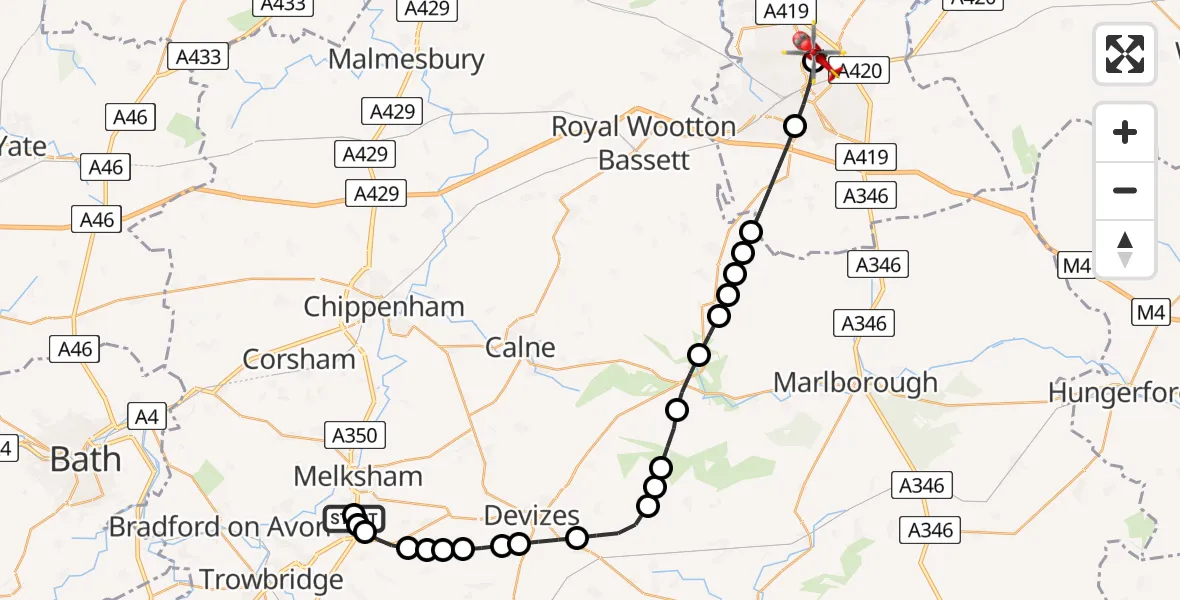 Flight route map: Air Ambulance Helicopter to Stratton St. Margaret, Spur Way