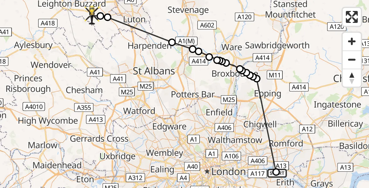 Routekaart van de vlucht: Police Helicopter to Church End, Castle Hill Road