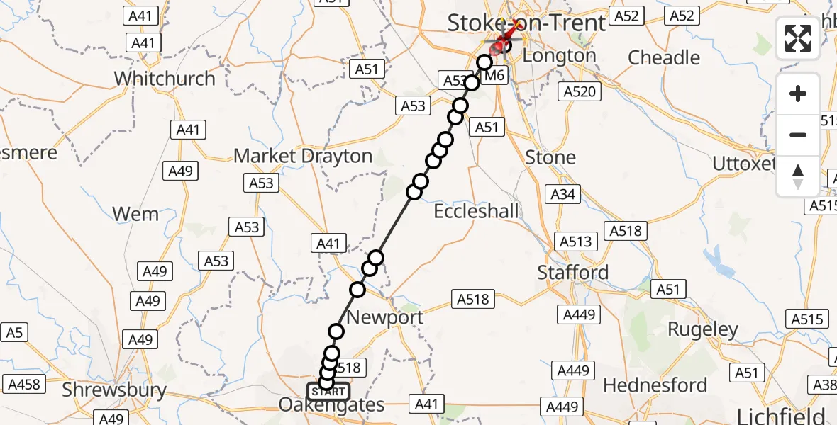 Routekaart van de vlucht: Air Ambulance Helicopter to University Hospital North Staffs, University Hospital North Staffs