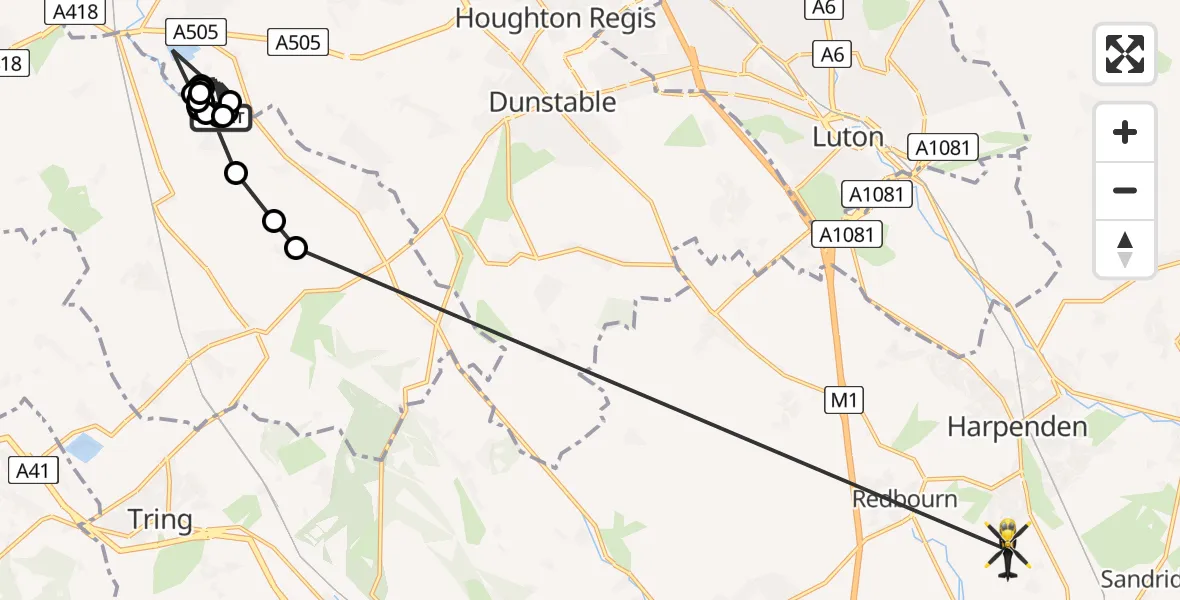 Routekaart van de vlucht: Police Helicopter to St Albans, Stud Lane