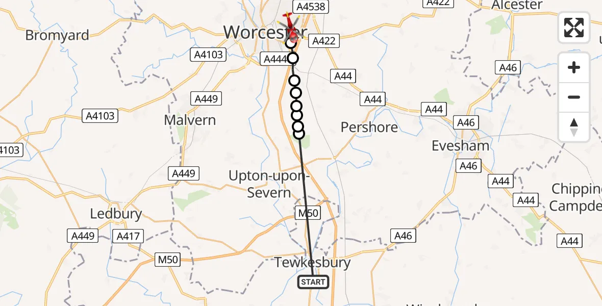 Flight route map: Air Ambulance Helicopter to Worcester, Augusta Drive