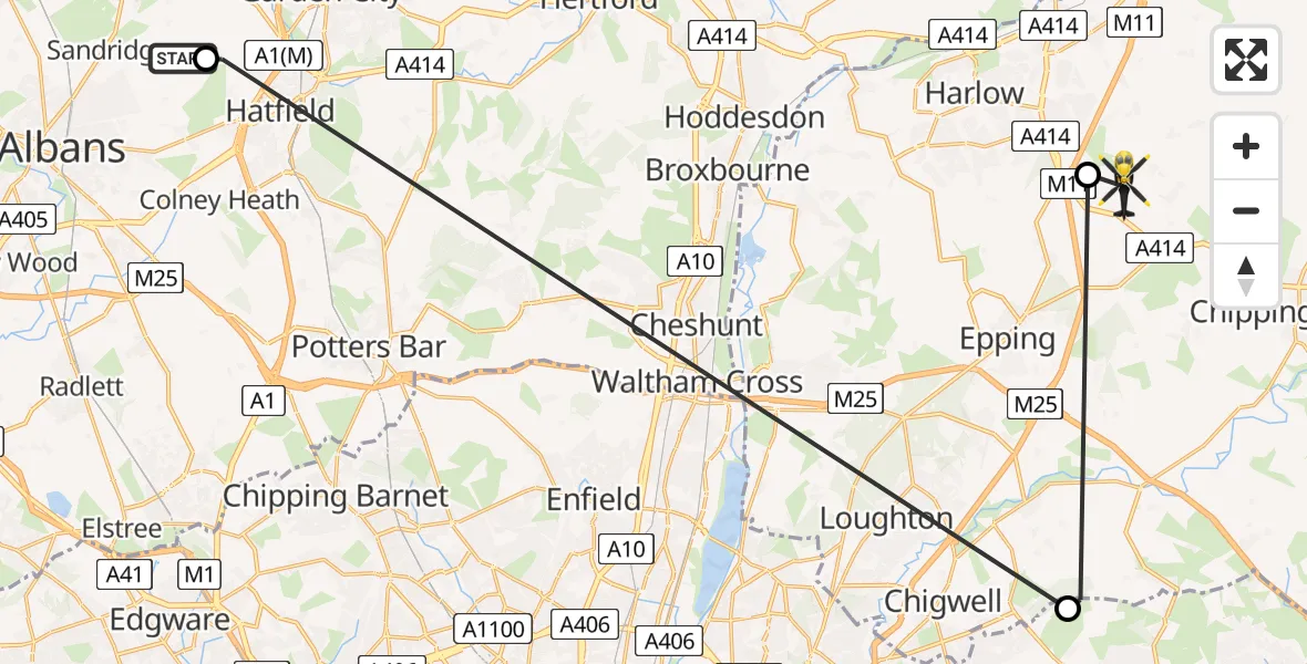 Flight route map: Police Helicopter to North Weald Bassett, Wynters