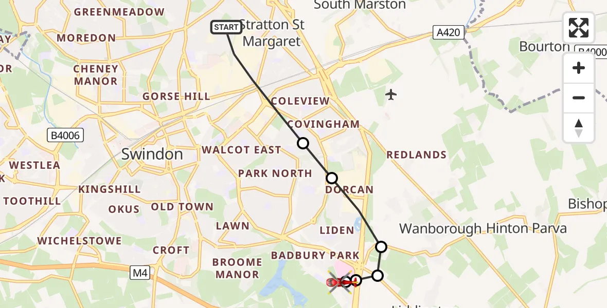 Flight route map: Air Ambulance Helicopter to Great Western Hospital, Great Western Hospital