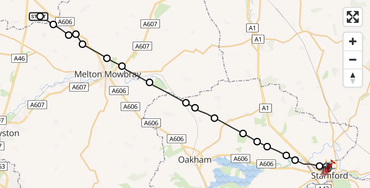 Flight route map: Air Ambulance Helicopter to Stamford, Sandringham Close