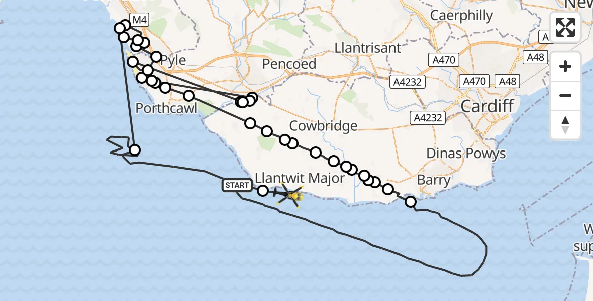 Flight route map: Police Helicopter to Llantwit Major, Llantwit Major