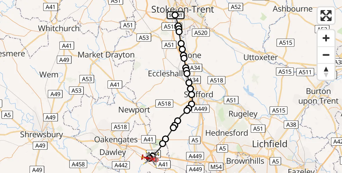 Flight route map: Air Ambulance Helicopter to Cosford, Airbase Avenue