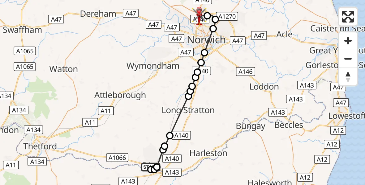 Flight route map: Air Ambulance Helicopter to Norwich Airport, Norwich Airport