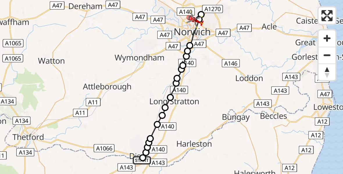 Flight route map: Air Ambulance Helicopter to Norwich, Clabon Second Close