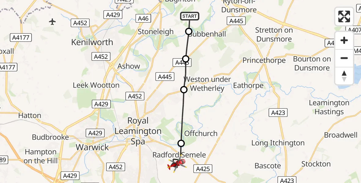 Flight route map: Air Ambulance Helicopter to Radford Semele, Valley Road