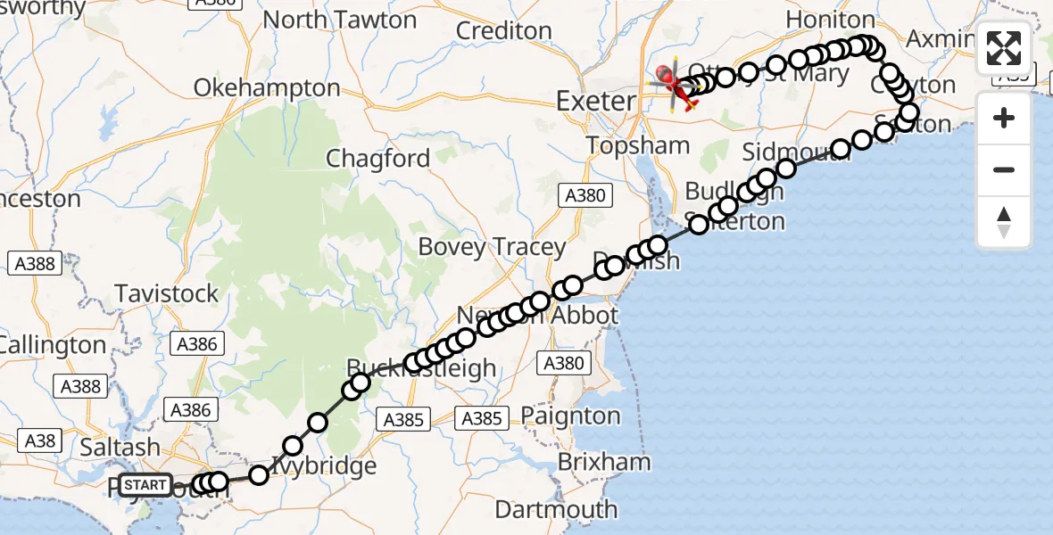 Flight route map: Air Ambulance Helicopter to Exeter International Airport, Exeter International Airport
