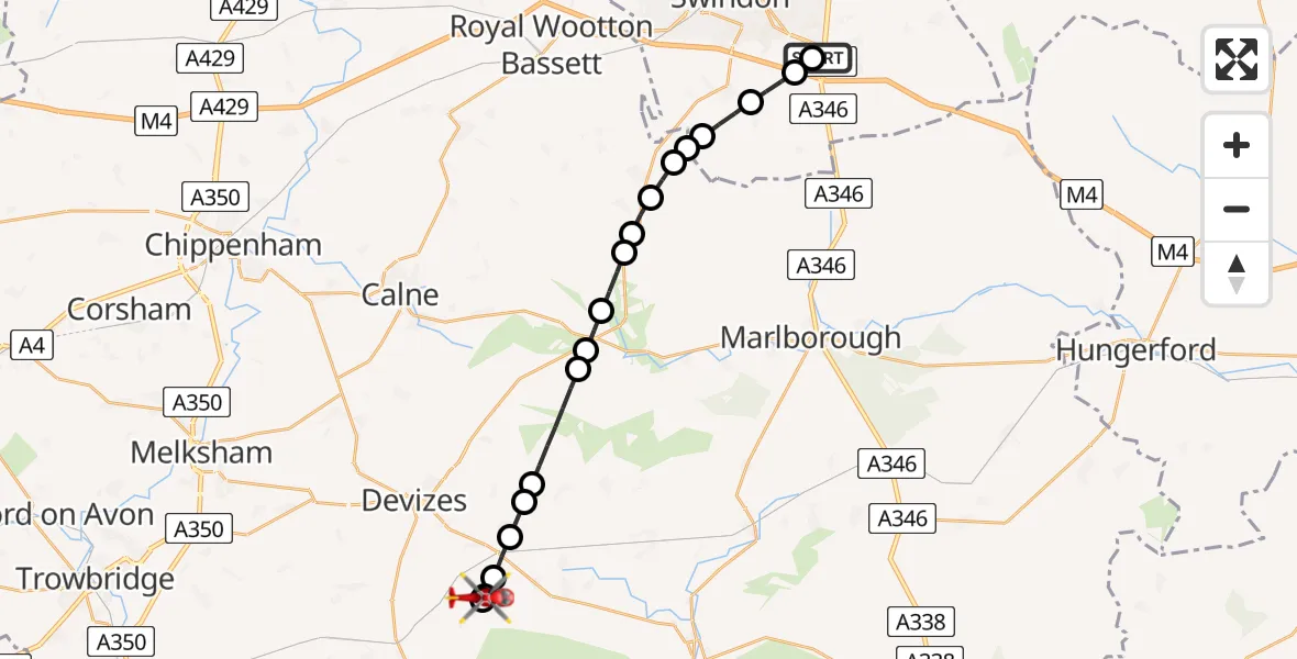 Flight route map: Air Ambulance Helicopter to Urchfont, B3098