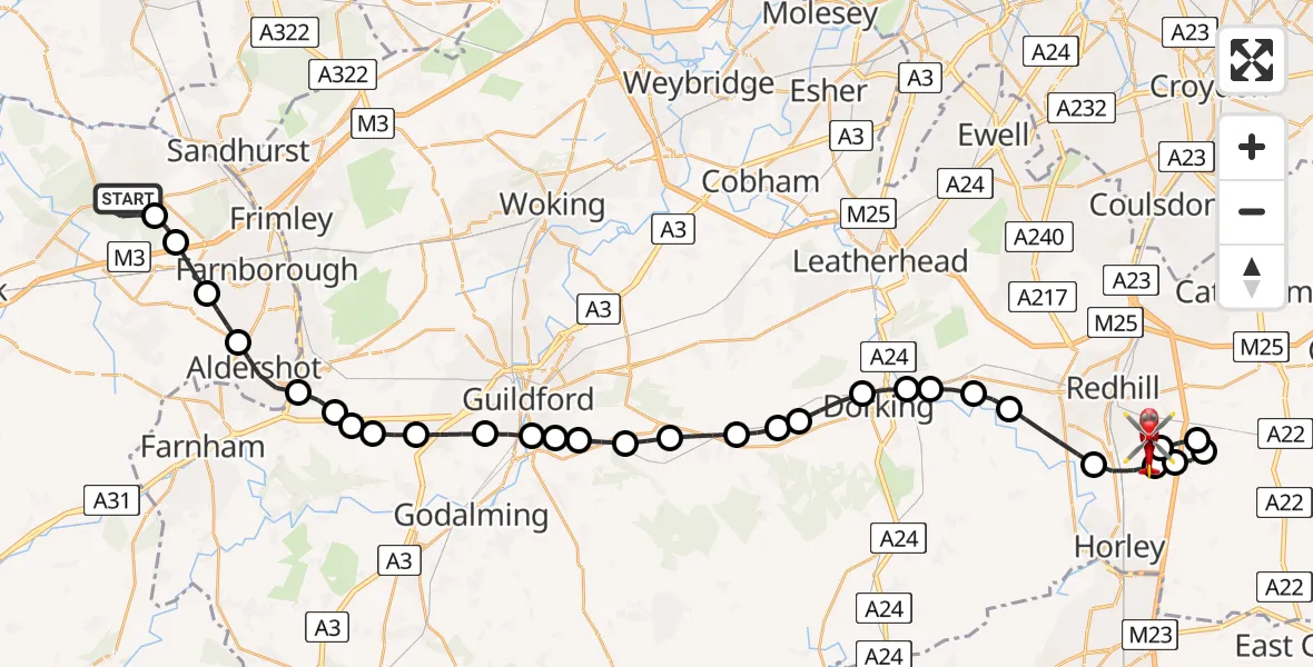 Routekaart van de vlucht: Air Ambulance Helicopter to Redhill Aerodrome, Redhill Aerodrome