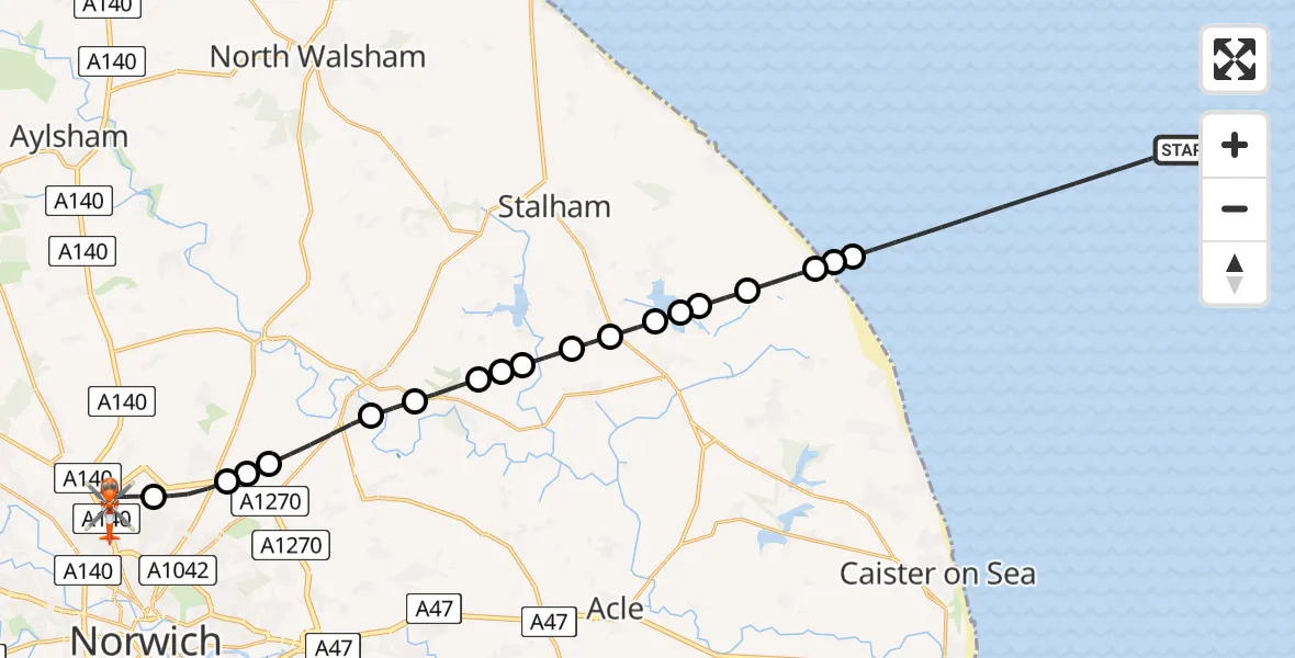 Flight path map showing Coastguard Helicopter route from North Sea to Norwich Airport