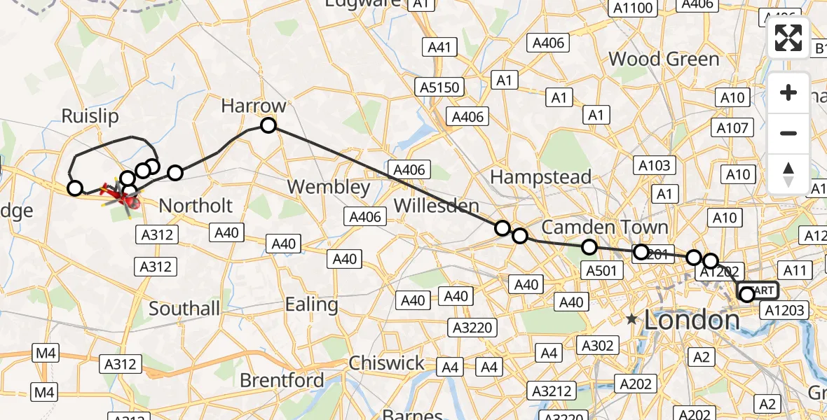 Flight route map: Air Ambulance Helicopter to RAF Northolt, RAF Northolt