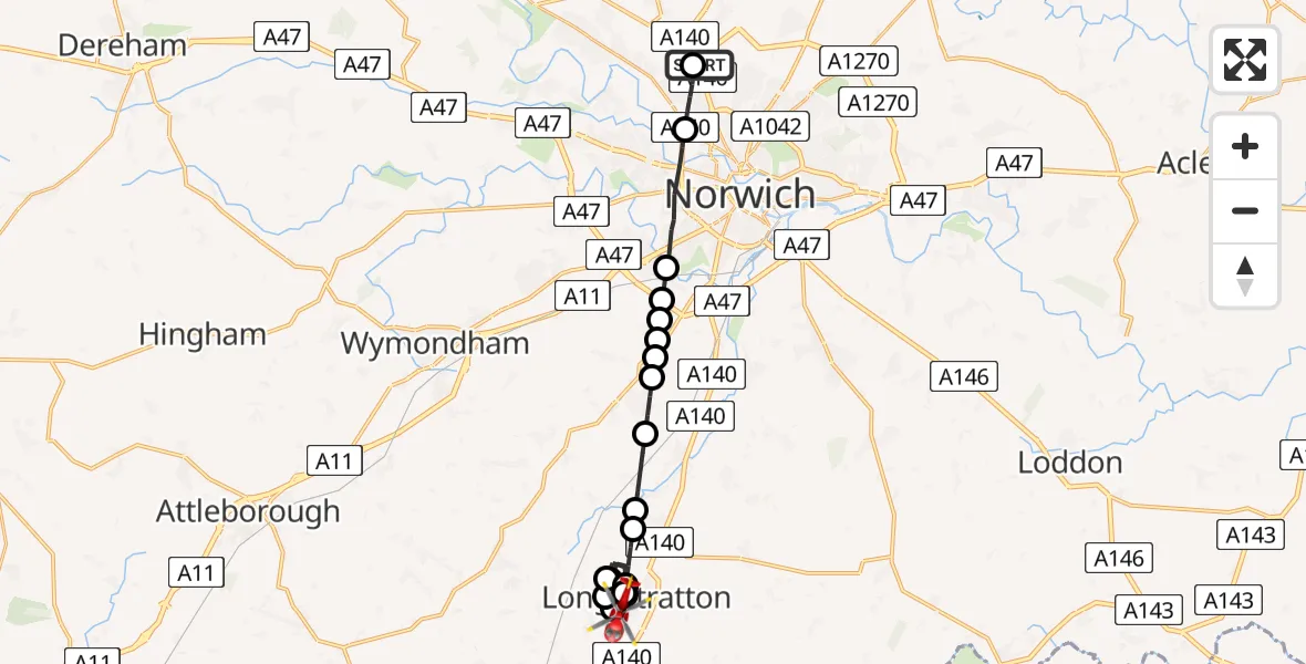 Flight route map: Air Ambulance Helicopter to Wacton, Flowerpot Lane