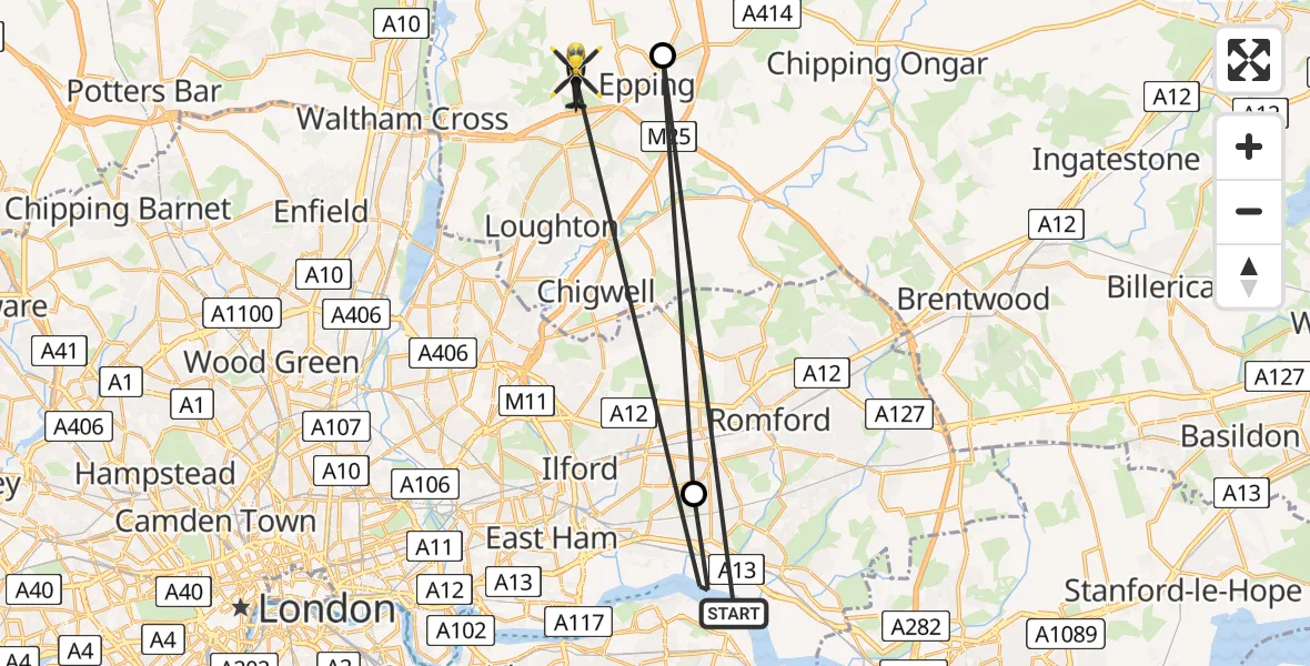 Flight route map: Police Helicopter to Epping Forest, Copped Hall