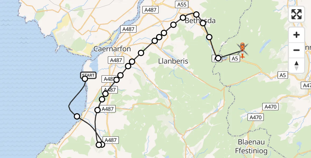 Flight route map: Coastguard Helicopter to Capel Curig, Capel Curig
