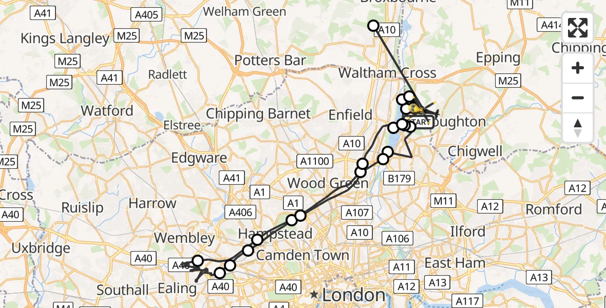 Flight path map showing Police Helicopter route from Sewardstonebury to Sewardstonebury