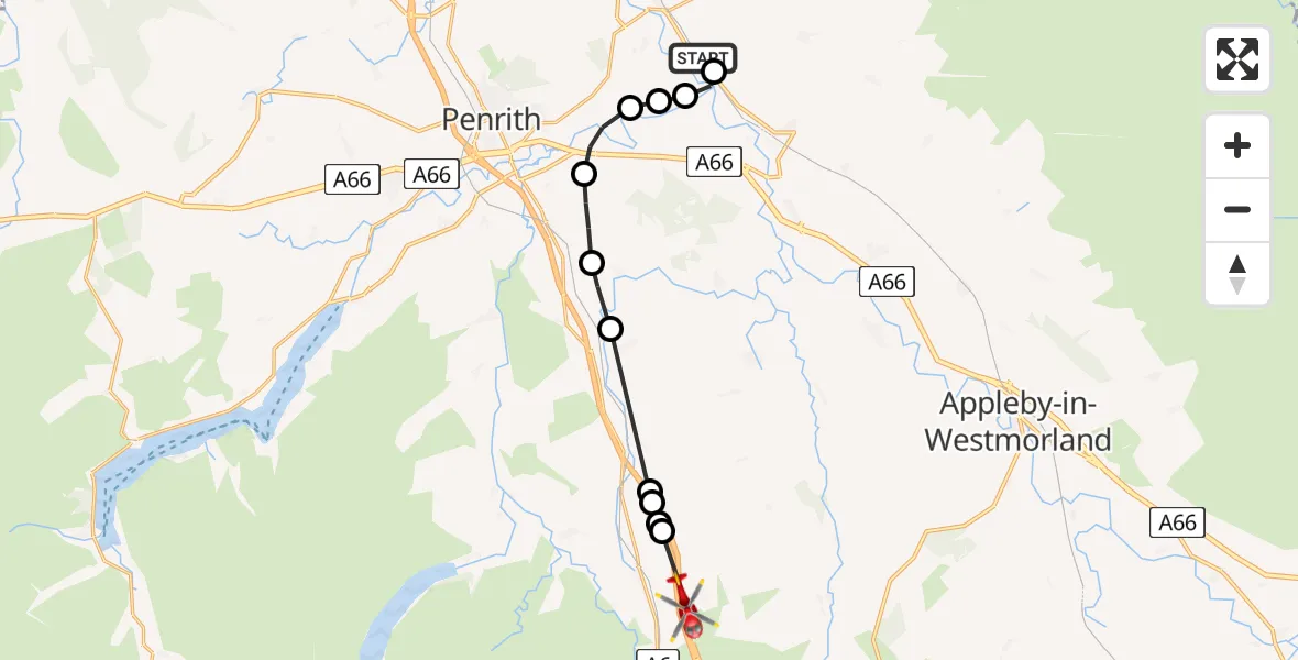 Routekaart van de vlucht: Air Ambulance Helicopter to Shap, M6