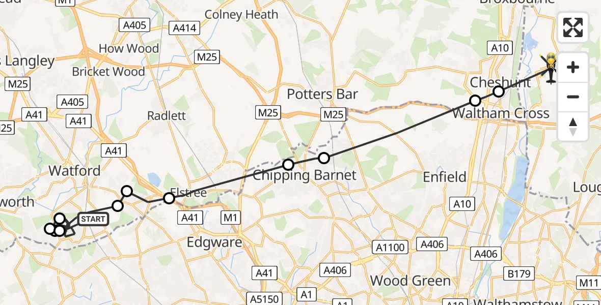 Routekaart van de vlucht: Police Helicopter to Epping Forest, Holyfield Road
