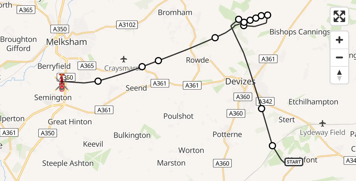 Routekaart van de vlucht: Air Ambulance Helicopter to Wiltshire Air Ambulance, Wiltshire Air Ambulance