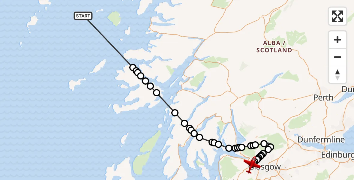 Flight path map showing Air Ambulance Aircraft route from Inner Seas to Glasgow Airport