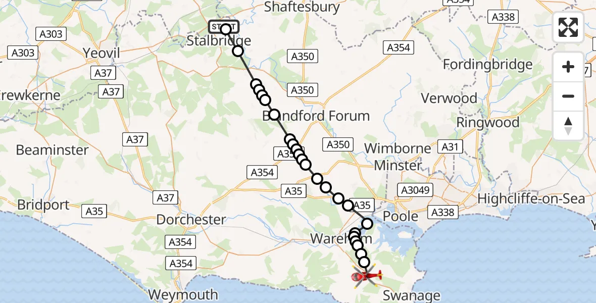 Flight route map: Air Ambulance Helicopter to Corfe Castle, East Street