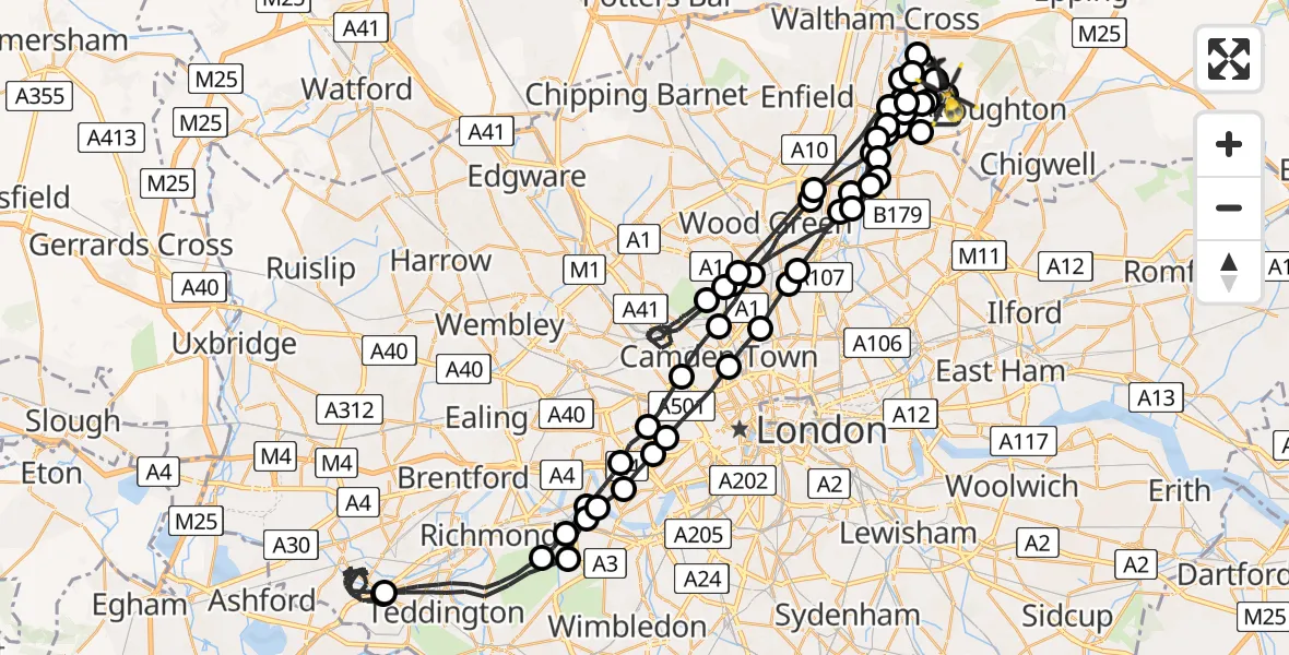 Flight route map: Police Helicopter to Sewardstonebury, Bury Road