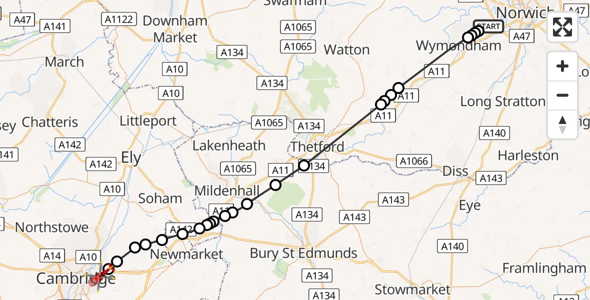 Flight route map: Air Ambulance Helicopter to Cambridge City Airport, Cambridge City Airport