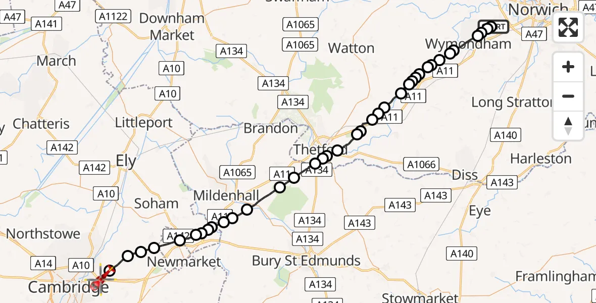Routekaart van de vlucht: Air Ambulance Helicopter to Stow cum Quy, A14