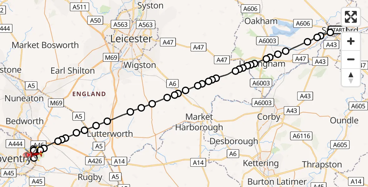Routekaart van de vlucht: Air Ambulance Helicopter to Coventry, Abbotsbury Close