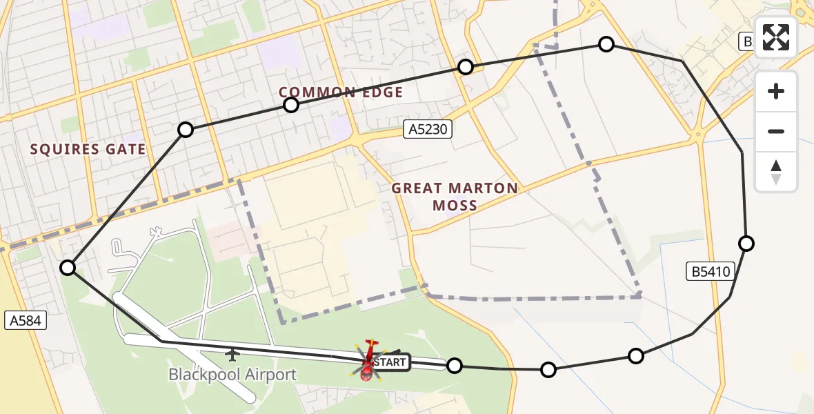 Flight route map: Air Ambulance Helicopter to Blackpool Airport, Blackpool Airport