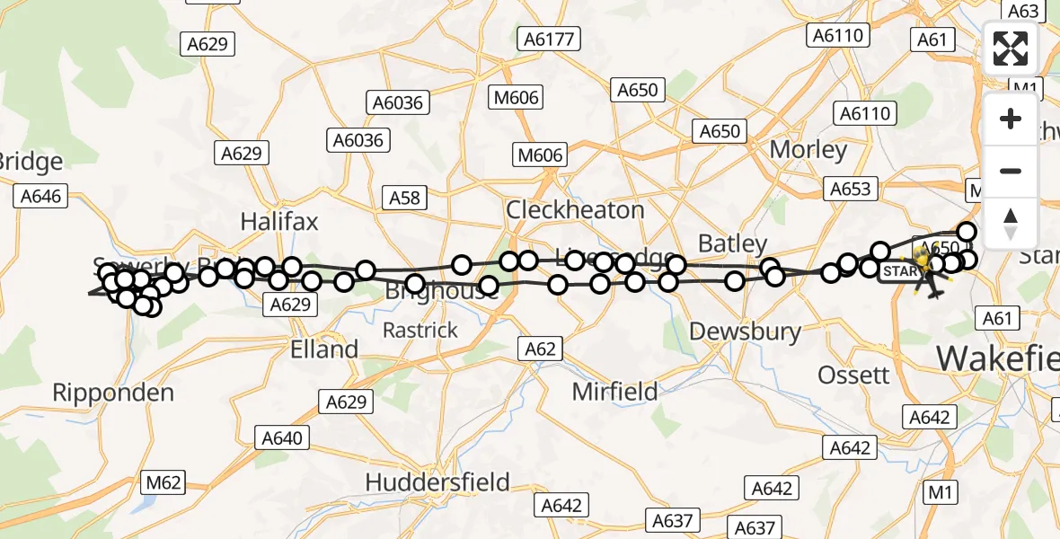 Flight path map showing Police Helicopter route from East Ardsley to Wakefield