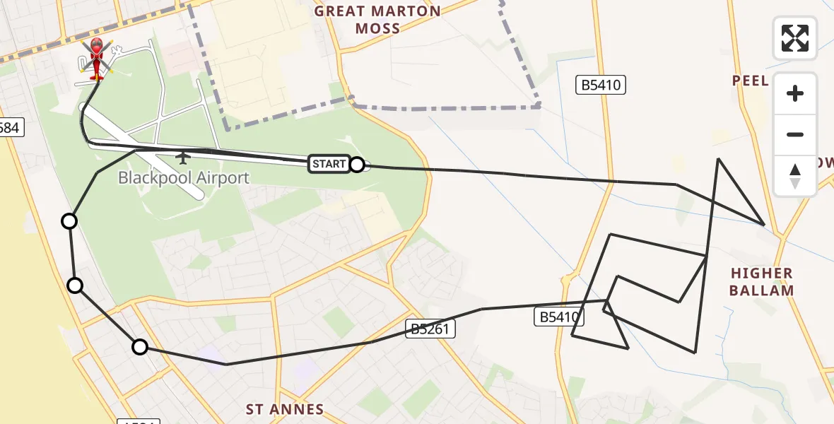 Flight route map: Air Ambulance Helicopter to Blackpool Airport, Blackpool Airport