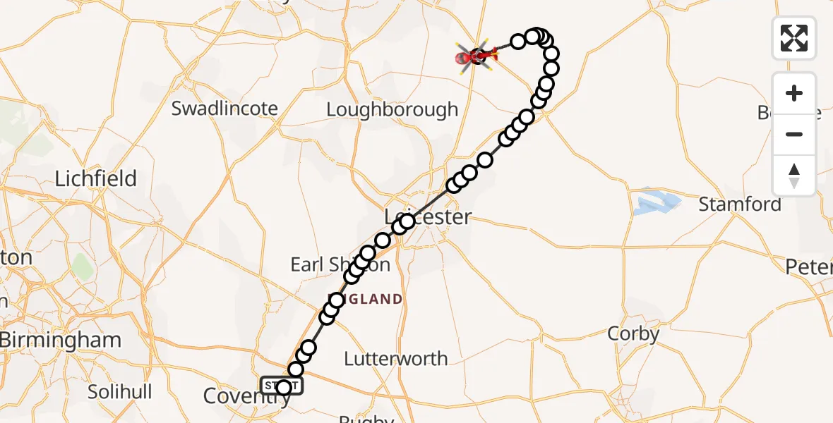 Flight route map: Air Ambulance Helicopter to Nottingham Heliport, Nottingham Heliport