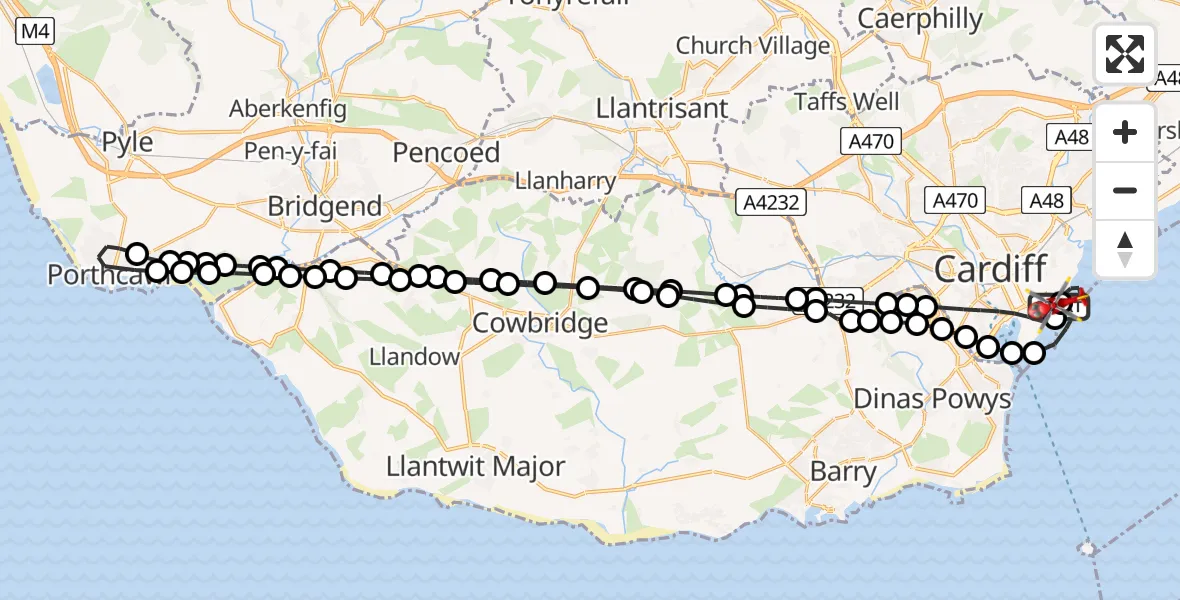 Flight path map showing Air Ambulance Helicopter route from Cardiff Heliport to Cardiff Heliport