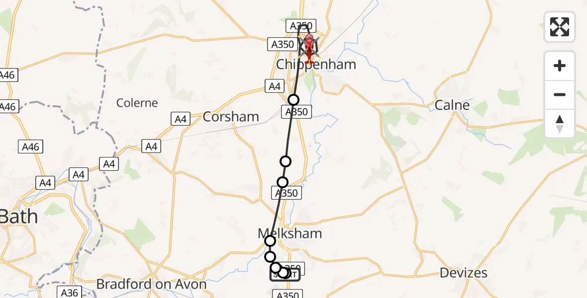 Flight route map: Air Ambulance Helicopter to Chippenham, Fleet Road