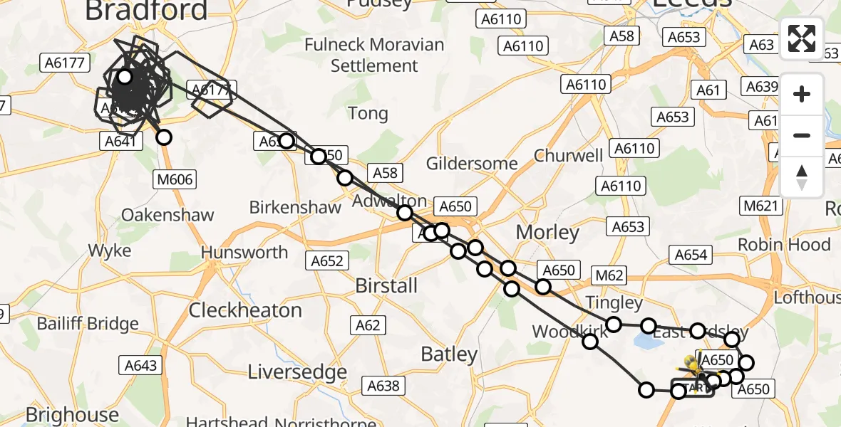 Flight path map showing Police Helicopter route from Wakefield to Wakefield