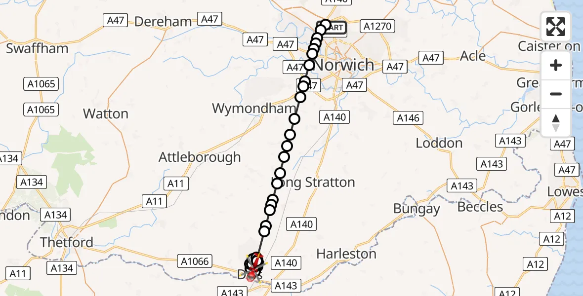 Flight route map: Air Ambulance Helicopter to Diss, Walcot Green