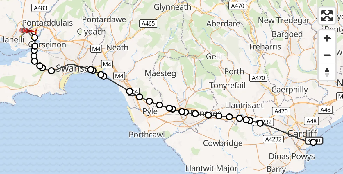 Flight route map: Air Ambulance Helicopter to Dafen, Llanelli Spinal Route