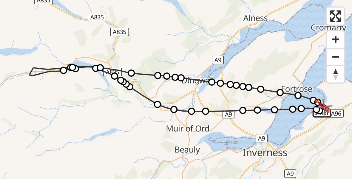 Flight path map showing Air Ambulance Helicopter route from Inverness Airport to Inverness Airport