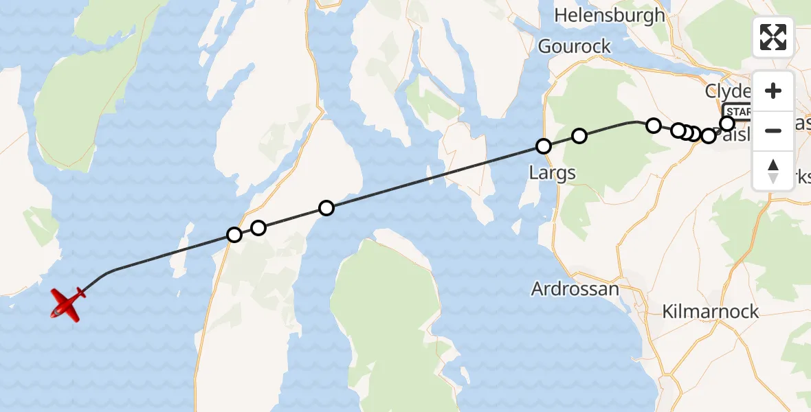Flight path map showing Air Ambulance Aircraft route from Glasgow Airport to Inner Seas