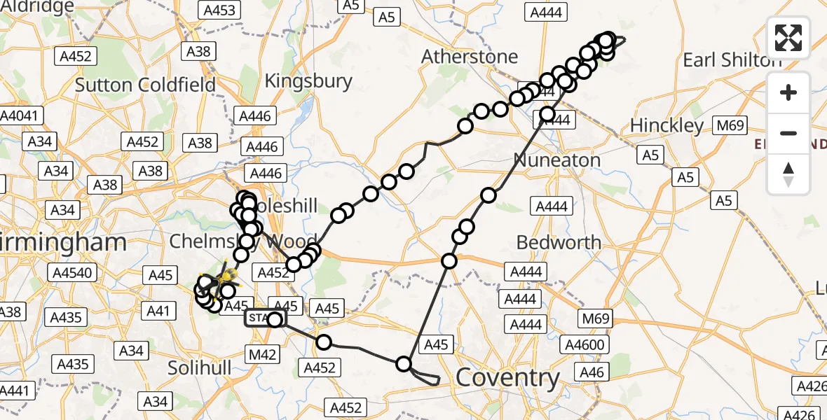 Flight route map: Police Helicopter to Birmingham, Coventry Road