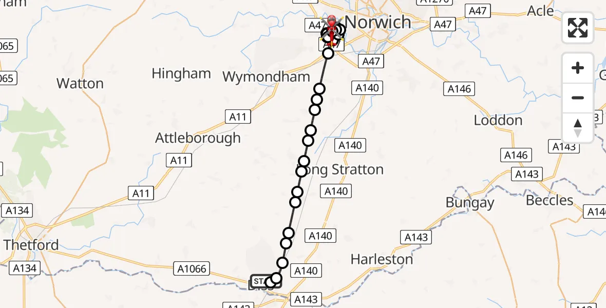 Routekaart van de vlucht: Air Ambulance Helicopter to Norfolk & Norwich Hospital, Norfolk & Norwich Hospital