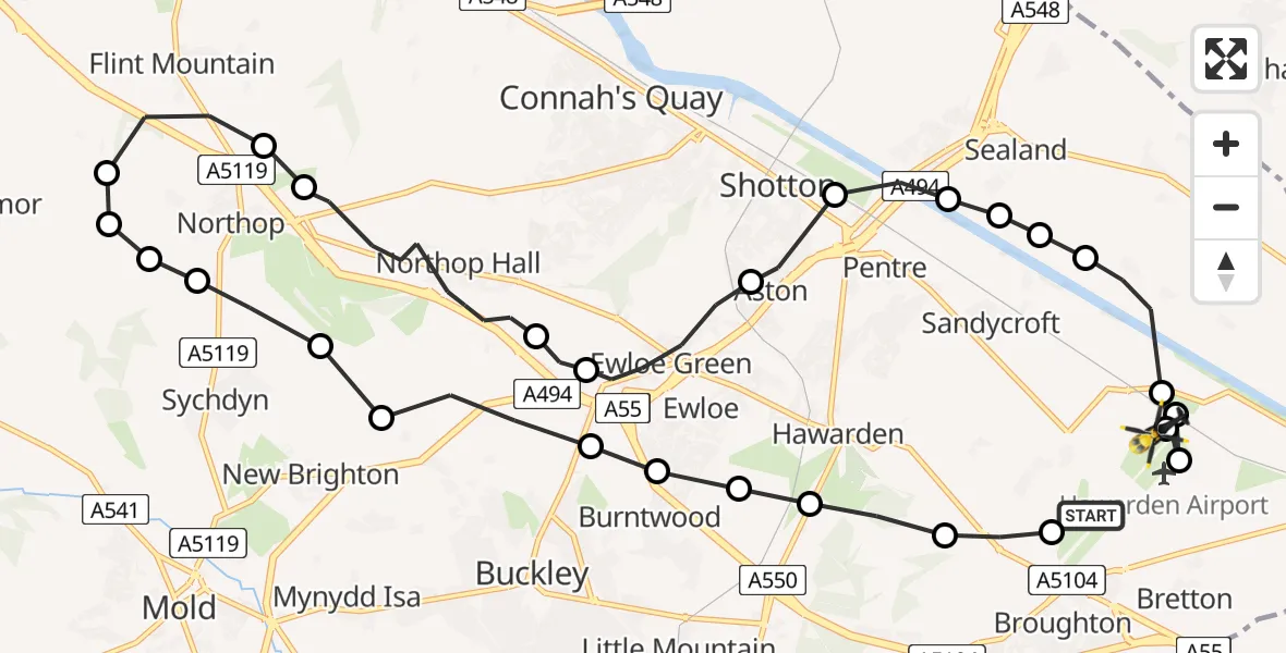 Flight route map: Police Helicopter to Hawarden Airport, Hawarden Airport