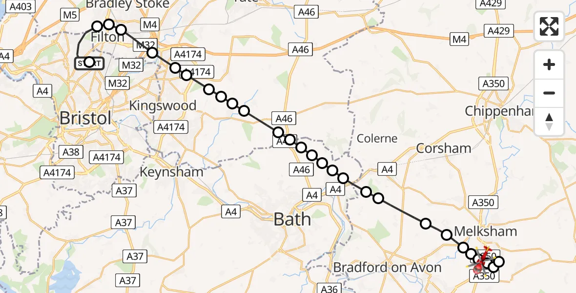 Flight route map: Air Ambulance Helicopter to Wiltshire Air Ambulance, Wiltshire Air Ambulance