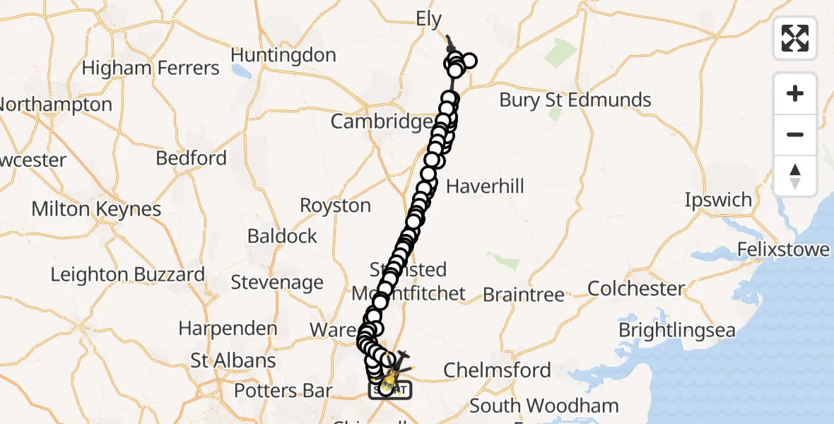 Flight route map: Police Helicopter to North Weald Bassett, Canes Lane