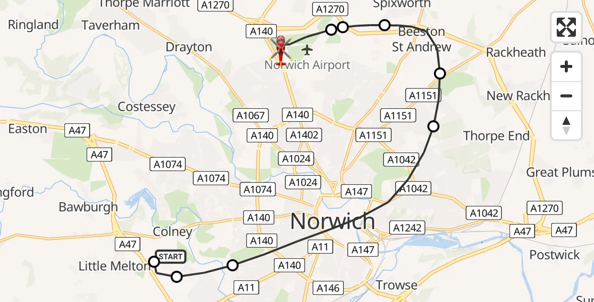 Flight route map: Air Ambulance Helicopter to Norwich Airport, Norwich Airport